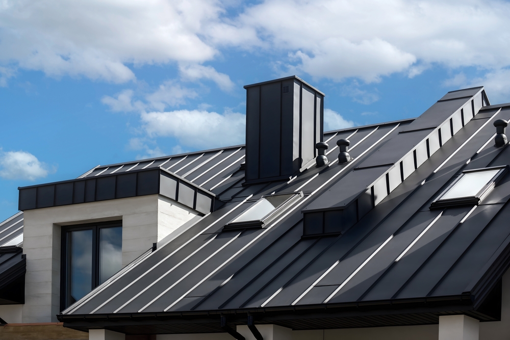 Close-up of a retro-style metal roof with standing seams, fasteners, and galvanized steel panels
